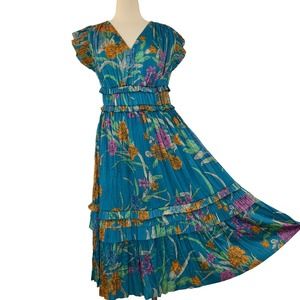 Current Air Teal Floral Midi Dress with Yellow & Purple Accents